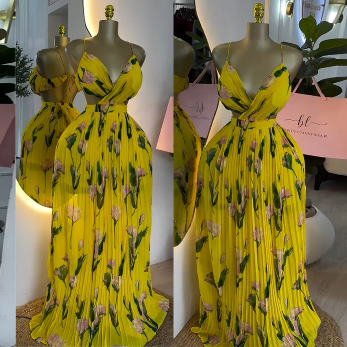 New Arrival Women Dress Summer Ladies Street Wear Sexy Backless Dress Sleeveless Deep V Neck Yellow Printed Elegant Maxi Dresses