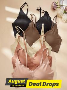 Women's Solid Scallop Trim Wireless Push Up Seamless Bra, Casual Soft Comfy Breathable Seamless Adjustable Strap Bralette Lingerie for Daily Wear, Ladies Underwear for All Seasons