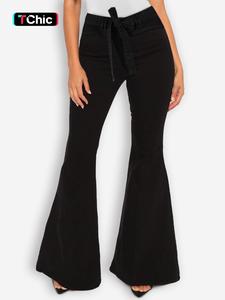 Women's Plain Pocket High Waist Flare Leg Jeans, Casual Button Design Belted Bell Bottom Denim Trousers for Daily Wear, Ladies Bottoms for All Seasons