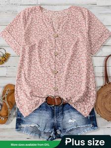 【plus Size】 Ditsy Floral Print Top, Casual Shortsleeve Button Top for Daily Wear, Women's Plus Clothing for All Seasons, Plus Size Clothes Women, Womenswear, Lady