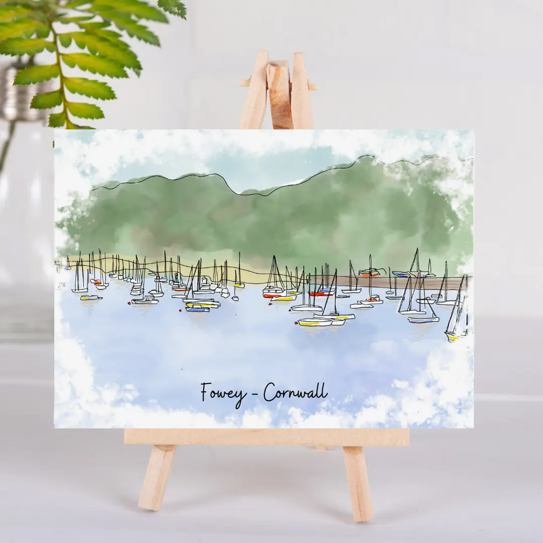 Art of Cornwall Greetings Card - Fowey, (Many Boats) Cornwall