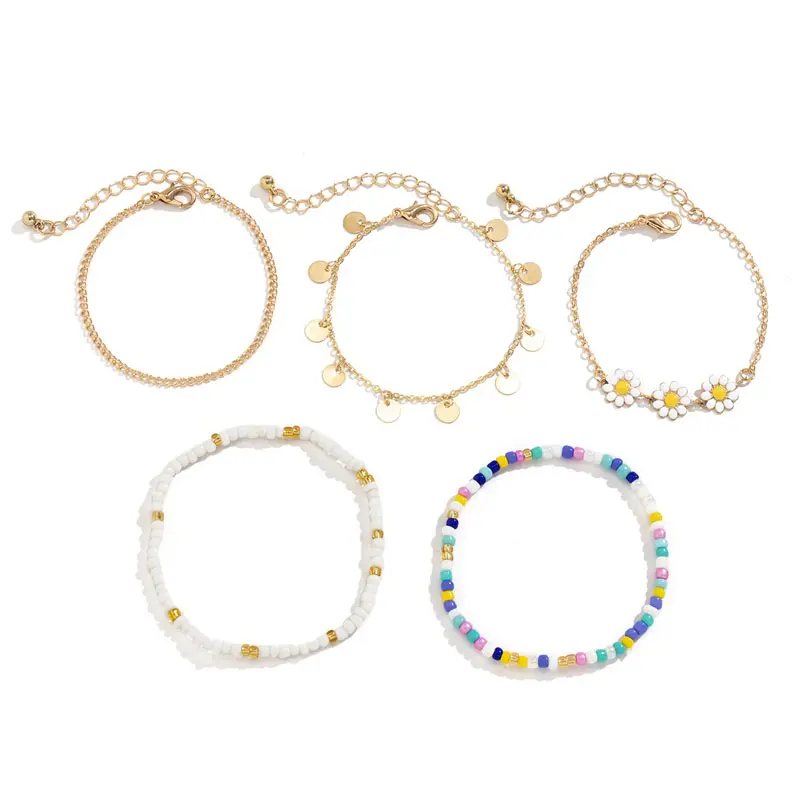 5Pcs Beaded Flower Chain Bracelet Set - 2025 Spring Summer Trendy Boho Jewelry for Women | Y2K Dainty Stackable Wrist Candy | Gold Silver Minimalist Handmade Accessories 7