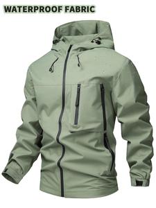 Men's Solid Color Zipper Pocket Drawstring Hooded Jacket, Regular Fit Casual Waterproof Long Sleeve Outerwear for Outdoor Activities, Fashion Men's Outerwear for All Seasons