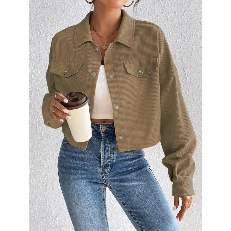 Women's Plain Button Front Collared Long Sleeve Jacket, Y2k Clothes, Casual Drop Shoulder Pocket Corduroy Jacket, Shacket Coat for Fall & Winter, Jacket for Women Back To School,  Jackets for Women, Holiday Outfits, Coats for Women, School Essentials 3
