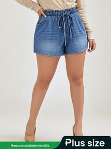 【Plus Size】 Washed Denim Shorts, Fashion Pocket Drawstring Waist Shorts for Summer, Women's Bottoms for Daily Wear, Womenswear, Casual Fashionable Shorts, Loose Denim Shorts