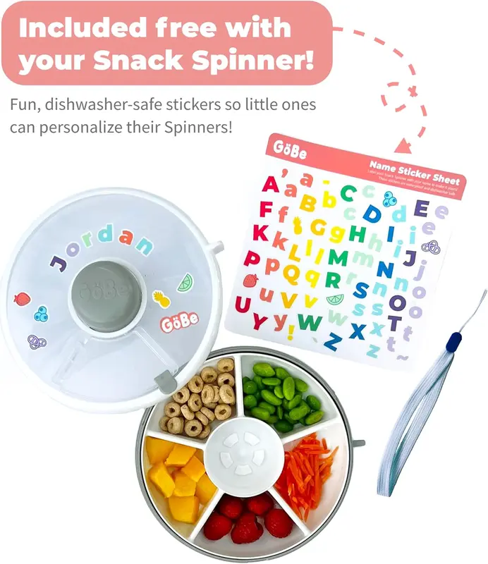 snack drawer GoBe Kids Snack Spinner Bundle with Hand Strap and Sticker Sheet - Reusable Snack Container with 5 Compartment Dispenser and Lid | BPA and PVC Free | Dishwasher Safe | No Spill, Leakproof 1