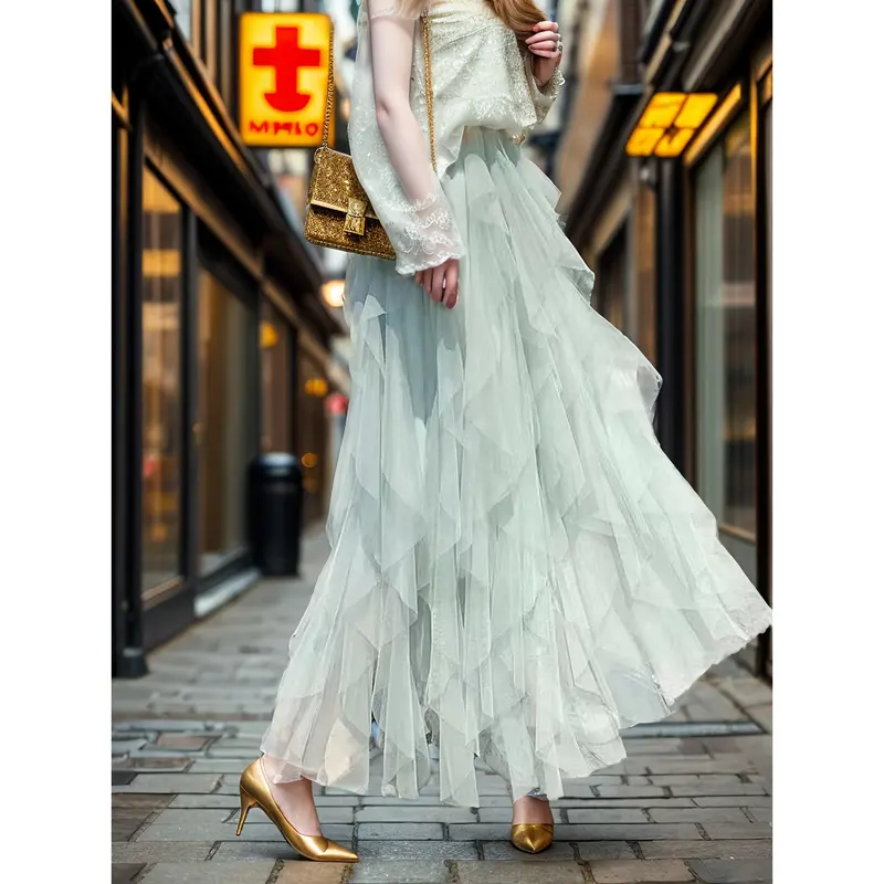 Elastic Waist Mesh Layered Tutu Skirt, Casual Solid Color Tiered Skirt for Women 3