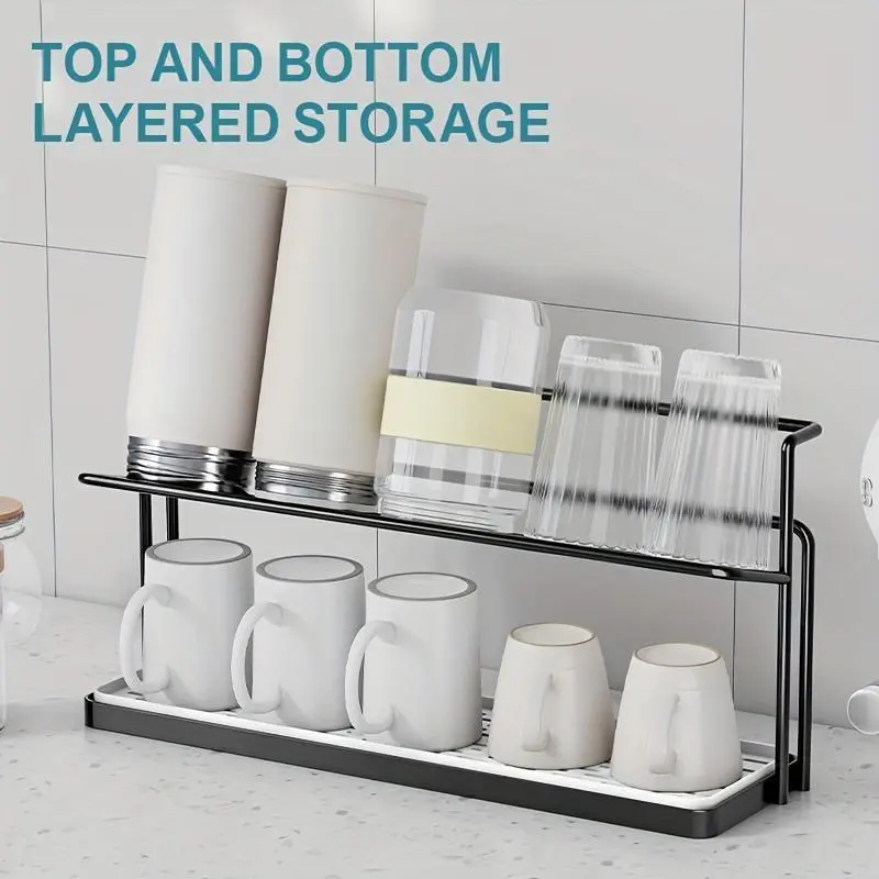 1pc Two-Tier Bottle Drying Rack with Drainage Tray - Durable Carbon Steel, Freestanding Kitchen Counter Organizer for Glass, Metal, and Plastic Bottles - Space-Saving Design, No Assembly Required, Standing Shelf 8