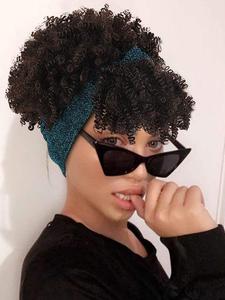 Women's 8 Inch Black Short Curly Wigs with Bangs, 1 Piece Natural Fluffy Synthetic Headband Wigs for Party, Daily Use