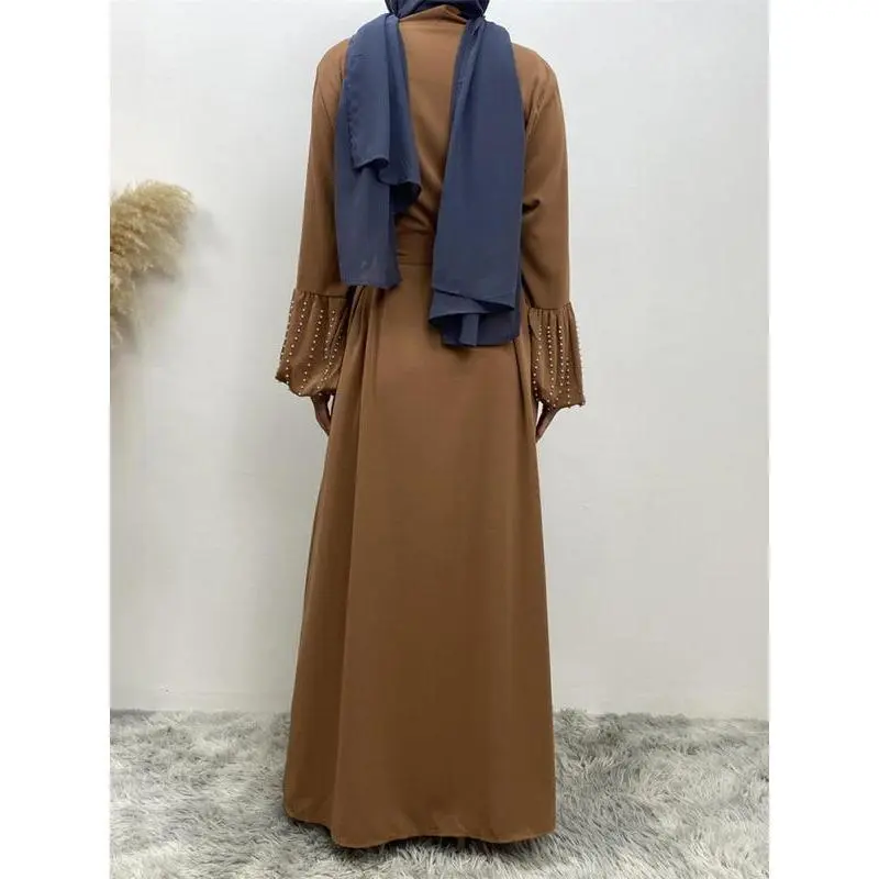 Women's Faux Pearls Decor Tie Front Abaya Without Hijab, Modest Long Sleeve Maxi Abaya, Summer Outfits 2024, Muslim Clothes For Women 8