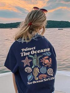 Women's Sea Life Print Round Neck Graphic Tee, Vintage Trendy Casual Starfish Graphic Long Sleeve T-shirt for Daily Wear, Ladies All Seasons Outfit, Top