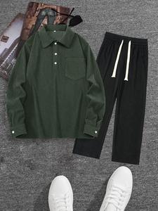 Men's Corduroy Shirt & Pants Set, Loose Casual Long Sleeve Collared Top & Trousers, Men's Spring & Fall Clothes