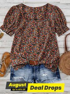 【Plus Size】 Ditsy Floral Print Blouse, Bohemian Casual Summer Chic Shortsleeve Top for Daily Wear, Women Plus Clothing for All Seasons, Womenswear, Plus Size Clothes Women, Summer Clothes Women, Casual Summer Blouses