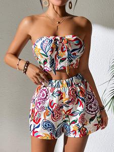 Two-piece Set Women's Graphic Print Crop Tube Top & Shorts, Casual Fashion Cozy Bohemian Set for Daily Outdoor Wear, Boho Ladies Clothes for Summer, Womenswear, Matching Outfits