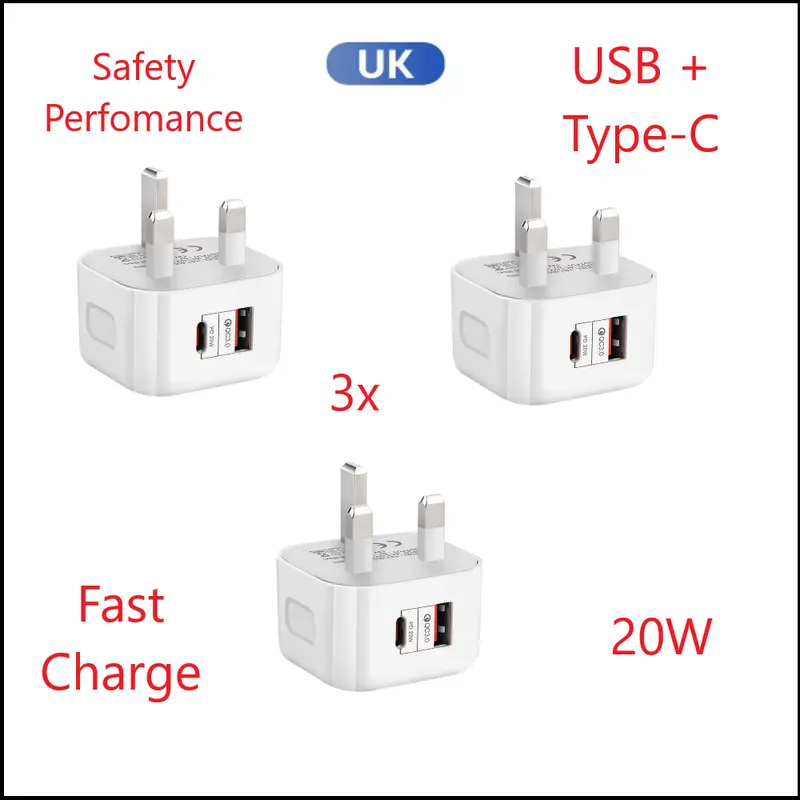3 x UK 20W Dual Ports Type-C USB C PD Wall Charger Fast Quick Charging Power Adapters For iPhone Samsung 0