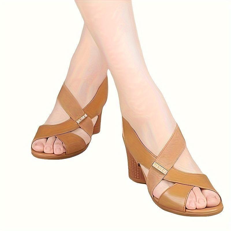 Women's Chunky Heeled Sandals, Peep Toe Elastic Strap Slip On Heels, All-Match Going Out Sandals 2