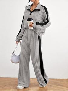 Women's Colorblock Side Stripe Zip Up Sweatshirt & Wide Leg Pants Two-piece Set, Casual Fashion Drop Shoulder Long Sleeve Top & Trousers for Daily Outdoor Wear, Women's Clothing for Fall & Winter