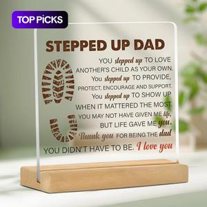 Stepped Up Dad Acrylic Desktop Decoration Sign, 1 Count Clear Acrylic Desktop Ornament with Base, Home Decor for Living Room Bedroom Office