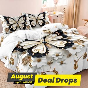 Butterfly & Flower Print Bedding Set, Including 1 Decorative Satin Duvet Cover & 2 Pillowcases without Filler, Bedding Supplies for Home Bedroom Hotel, Room Decor, Cute Bedroom Decor, Bed Sets, Comfy Bed Sets