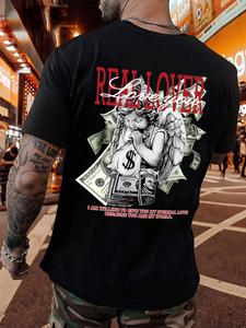 Men's Angel & Money & Letter Print Round Neck Tee, Loose Casual Short Sleeve Crew Neck T-Shirt for Summer, Fashion Men's Top for Daily Wear, Tropical