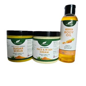 Zuri Glow Set  of 3 - Face and Body Cream, Foaming Sugar Scrub with Aloe Vera and Turmeric for Soothing and Moisturizing Skin and Zuri Glow oil with Carrot