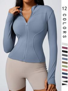 Women's Thumbhole Solid Zipper Stand up Collar Elastic Sports Jacket, for Tennis Pickball Gym Yoga Exercise Running, Long Sleeve Sports Jacket Back to School Wear, BBL Jacket Stand up Collar Sports Top, Women's Sportswear Sportswear, Gym Clothes Women