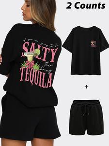Two-Piece Set Women's Letter & Cocktail Print Tee & Skinny Shorts, Casual Round Neck Short Sleeve T-shirt & Slogan Print Drawstring Waist Shorts, Ladies Summer Clothes