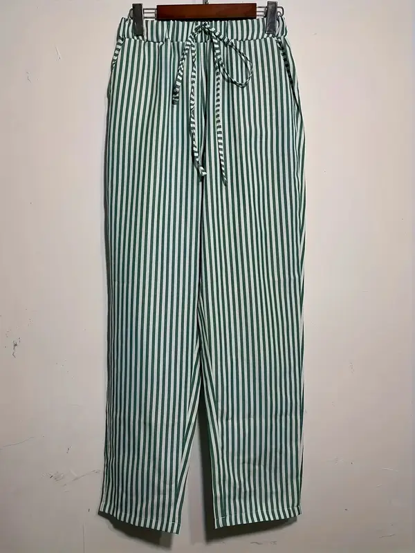 Baggy Legged Pants, Women's Striped Wide-Leg Casual Pants – High Waisted, Comfortable All-Season Wear, Side Stripe Detail, Machine Washable, Perfect for Casual Outings, Travel, Beach Days, Vacation, Resort Wear, Relaxing Weekend, Summer Daily Wear 7