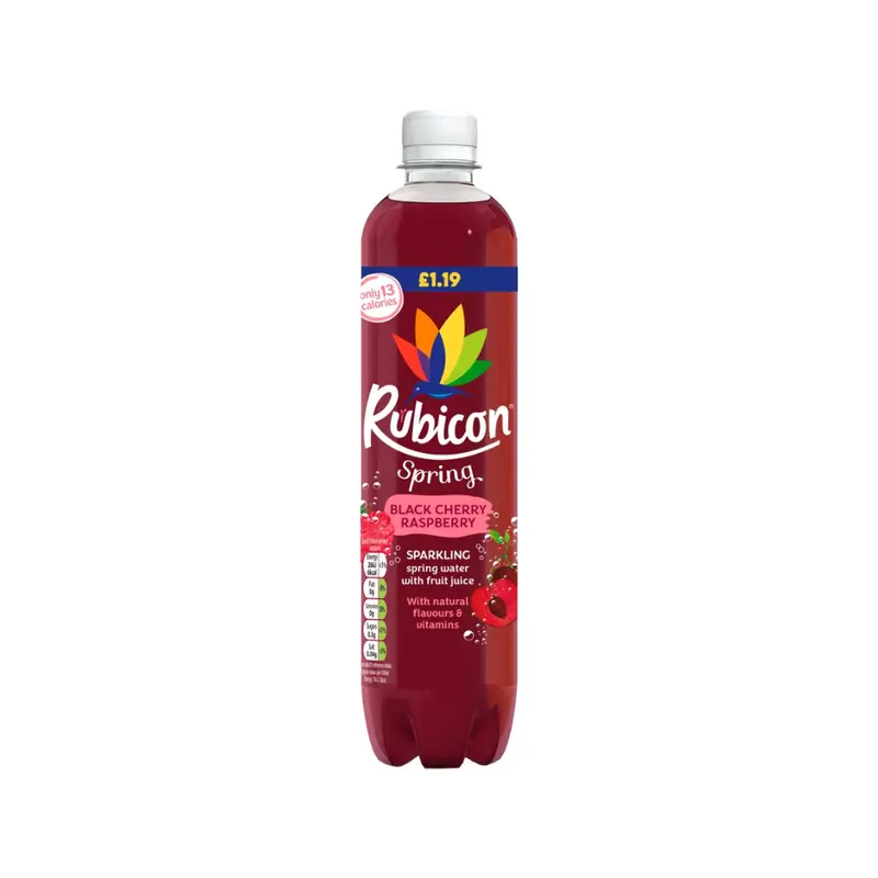 Rubicon Spring Black Cherry Raspberry Sparkling Water with Real Fruit Juice PMP 500ml - Pack of 12, Only 13 Calories Per Bottle - Beverage 2