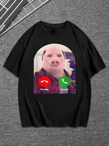 Men's Pig Print Round Neck Graphic Tee, Regular Fit Casual Funny Short Sleeve T-Shirt for Summer, Graphic Tees, Men's Top for Daily Wear