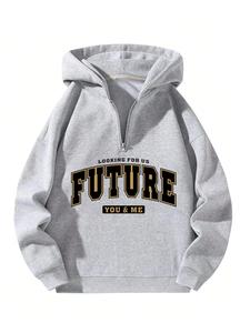 Men's Letter Print Half Zip Hoodie, 1 Count Loose Casual Fashion Long Sleeve Hooded Sweatshirt for Daily Outdoor Wear, Men Fall & Winter Clothes