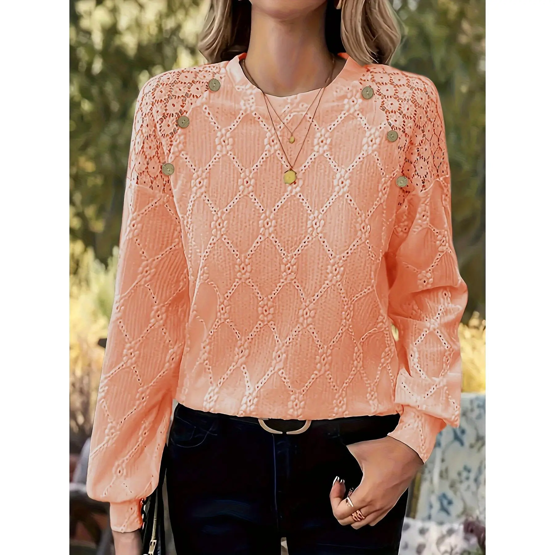 Solid Lace Stitching Eyelet Top, Elegant Lantern Sleeve Crew Neck Top, Women's Clothing