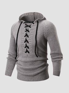 Men's Solid Lace Up Hooded Sweater Pullover, Regular Fit Casual Raglan Sleeve Jumper for Fall & Winter, Men's Knitwear for Daily Wear