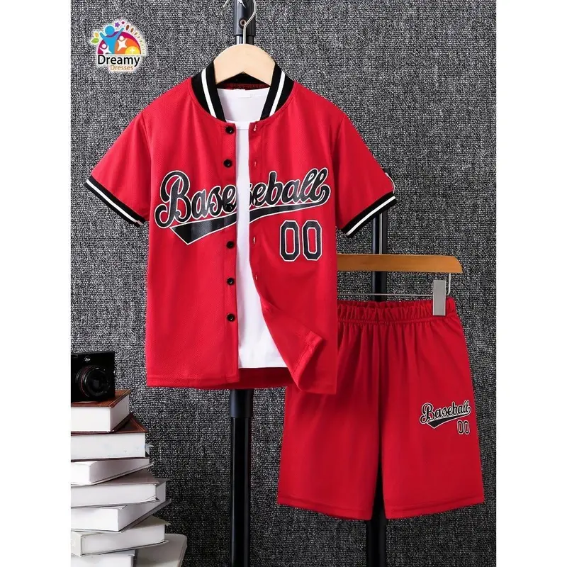 [Playtime Apparel] Boys' Dreamy Dresses Summer Baseball Jersey & Shorts Set - Red with Black Lettering, Casual Polyester Outfit with Elastic Waistband, Perfect for Playtime, Perfect for Outdoor 0