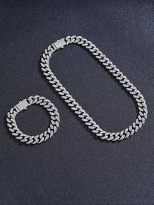 Fashion Chain Link Necklace & Bracelet, Rhinestone Decor Chain Jewelry Set for Party, Daily Iced Out Jewelry Clothing Decor for Girl Hip-hop Men Boy, Elegant Jewelry Set