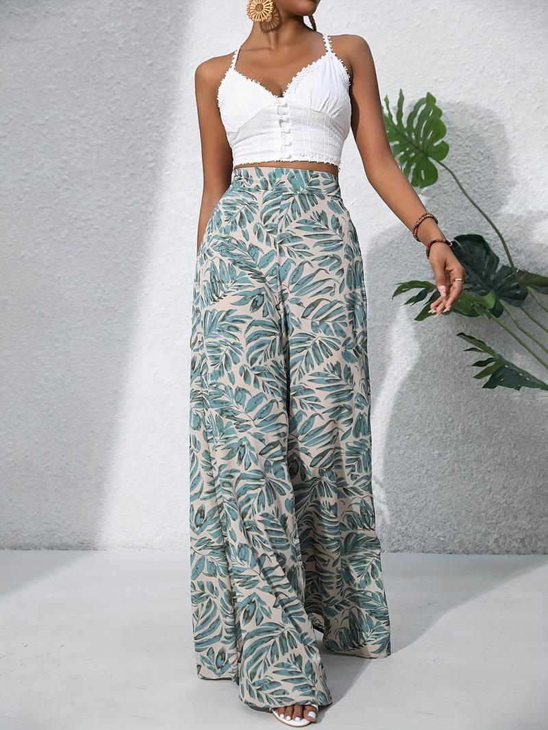 Product Introduction of Women'S Bohemian Floral Print Chiffon Wide-Leg Pants - High Waist, Elastic Waistband, Long Beach Trousers for Summer Vacation, Casual Elegant Style Womenswear Bottom Comfort 23