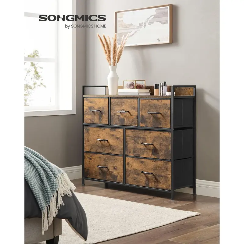 SONGMICS Chest of Drawers, Bedroom Cabinet, 7 Fabric Drawers with Handles, Metal Frame, Rustic Brown and Ink Black LTS137B01 1