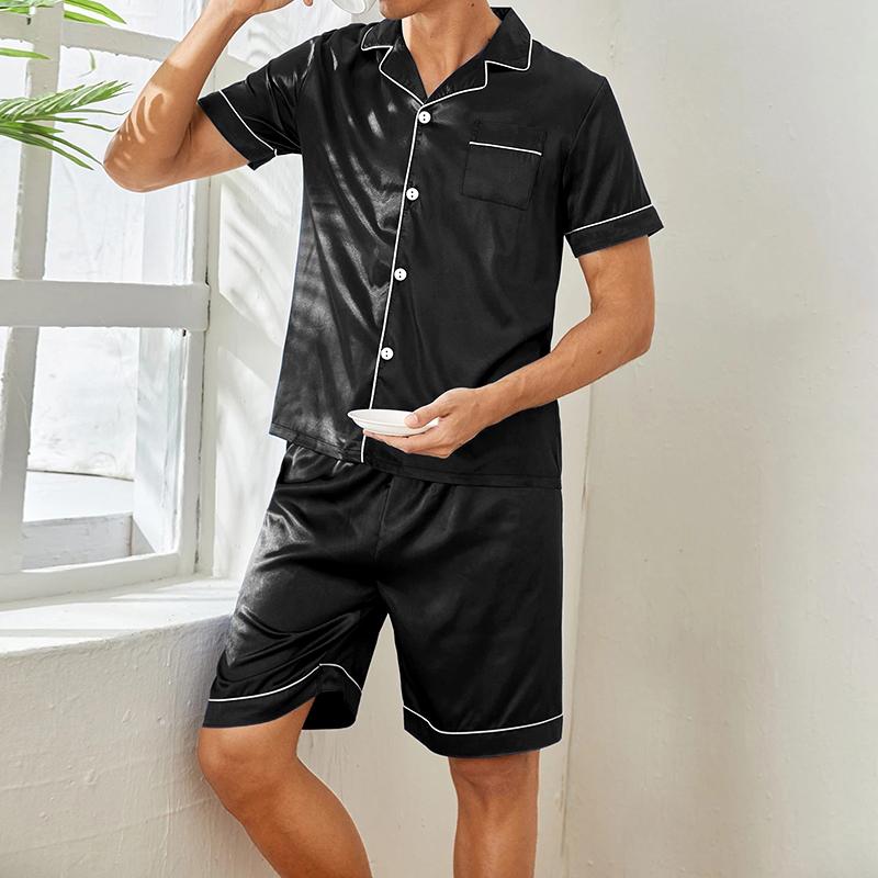 Men satin pajama set summer casual pajama button pocket short sleeved shirt with shorts casual pajama men two piece pajama set 6