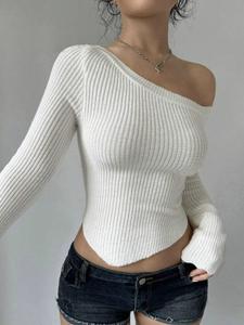 Women's Plain Asymmetrical Neck Crop Sweater, Casual Longsleeves Asymmetrical Hem Tops for Spring & Fall, Jumpers for Women, Fashion Women's Knitwear for Daily Wear, Sweaters for Women, Slim Basic Womenswear, Comfortable Fabric
