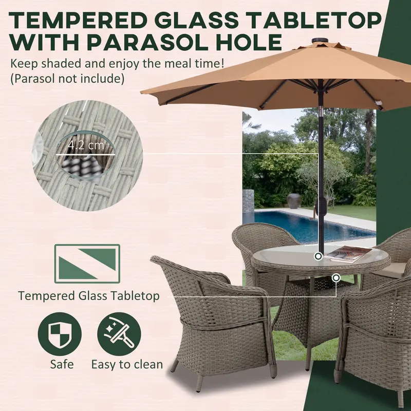 5 Pieces Outdoor Patio PE Rattan Dining Set, Four Seater Garden Furniture - 4 Chairs & Round Table w/ Umbrella Hole, Mixed Grey 5