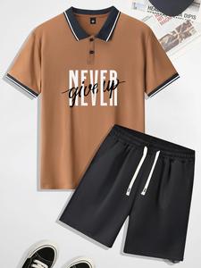 Two-Piece Set Summer Clothes, Men's Regular Fit Button Front Polo Shirt & Pocket Drawstring Shorts Set