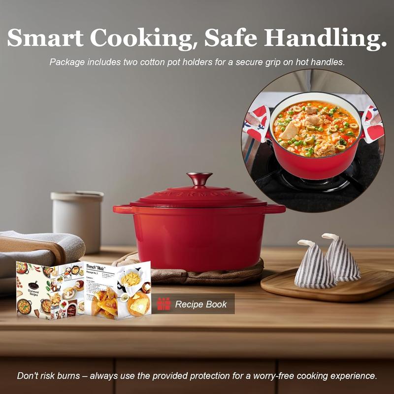 4.5QT/4.2L Enamelled Cast Iron Round Casserole Pot With Lid Cookbook & Cotton Potholders - Non-stick Dutch Oven Cookware for Braising, Stews, Roasting, Bread Baking - Cherry red, 24cm 5