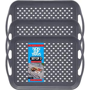 (3 Pack) Non-Slip Serving Trays – Anti-Slip Lap Trays for Eating, Dinner, Tea & TV Meals – High-Grip Rubber Surface for Waiters & Home Use – Essential Food Tray (Grey) Coasters Tableware Plastic Black