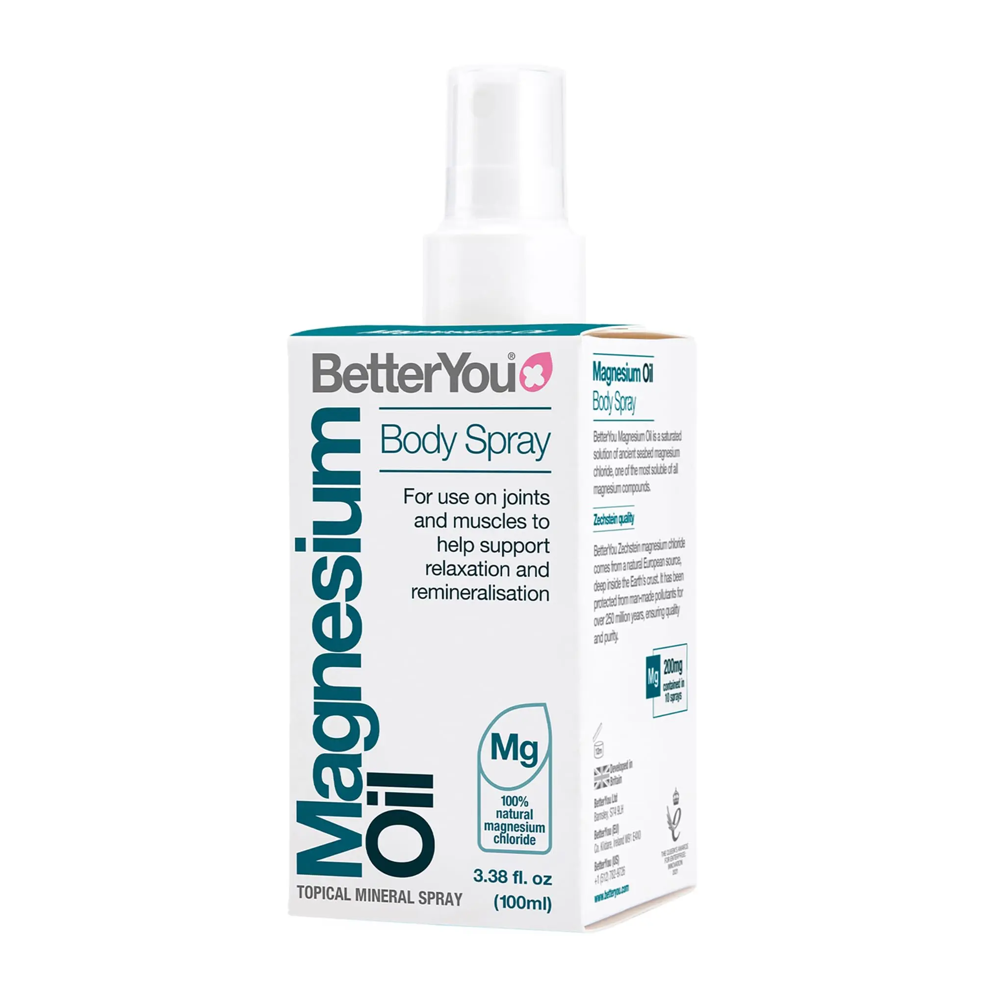 BetterYou Magnesium Oil Body Spray, Pure and Natural Source of Magnesium Chloride, Magnesium Spray Supplement, Supports Muscle Recovery, Vegan & Palm-Oil Free, 100ml (600 Sprays)