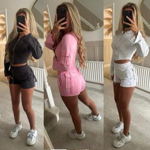 Cropped Hooded Cargo Short Set - Fleece Thick Women's Everyday Comfortable Casual Clothes Fit Style