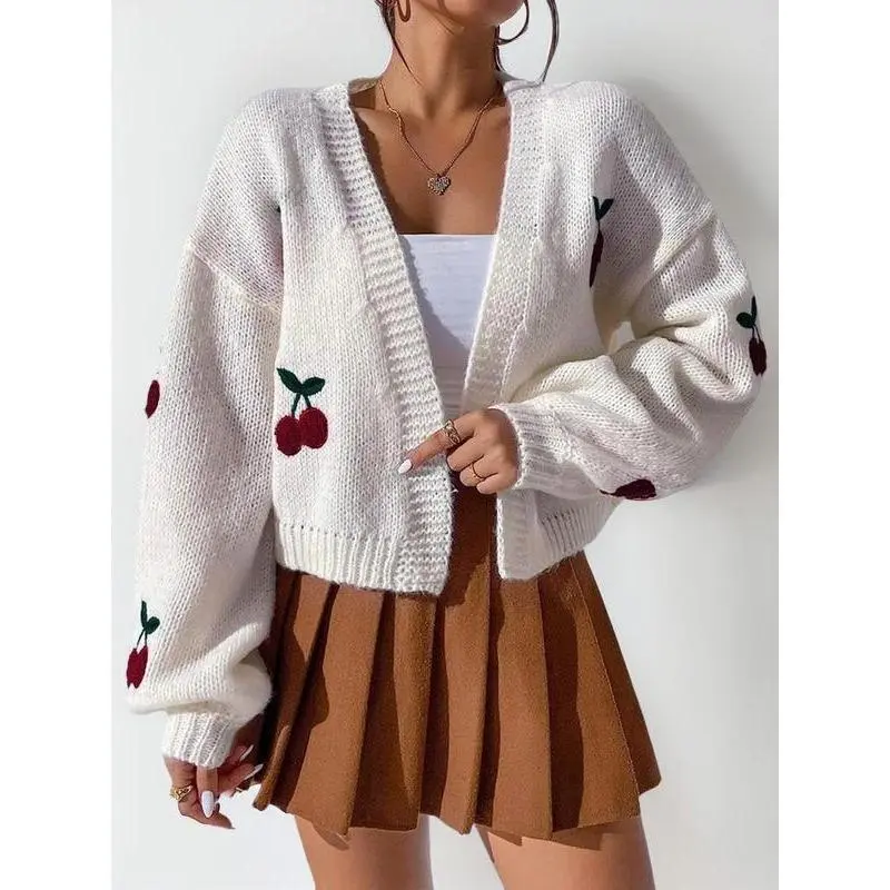 Women's Cherry Print Open Front Cardigan, Fitted Chic Long Sleeve Knitwear Top for Spring & Fall & Winter, Back to School Knitting Outfits for Women, Cardigans for Women, Trendy Fall Outfits 2024, Hide Tummy Outfits UK