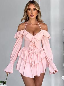 Women's Plain Off Shoulder Ruffle Halter Romper, Summer Clothes Women, Sexy Flounce Sleeve Romper for Spring & Fall, Holiday Outfits 2024, Summer Outfits 2024
