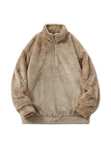 Men's Loose-Fitting Solid Color Drop Shoulder Half Zip Up Plush Sweatshirt, Thick Thermal Warm Casual Long Sleeve Stand Collar Pullover for Fall & Winter, Men's Clothes for Daily Wear