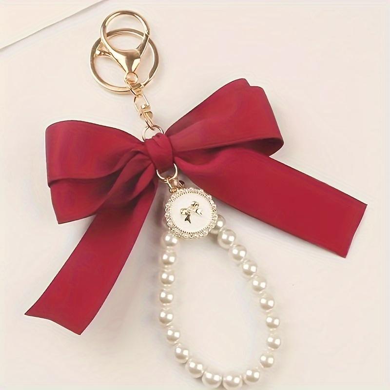 Elegant Large Bow & Pearl Keychain - Chic Pastel Ribbon Tassel Accessory with Golden-Tone Clasp for Bags & Earphone Cases, Ideal Mother's Day Gift 4