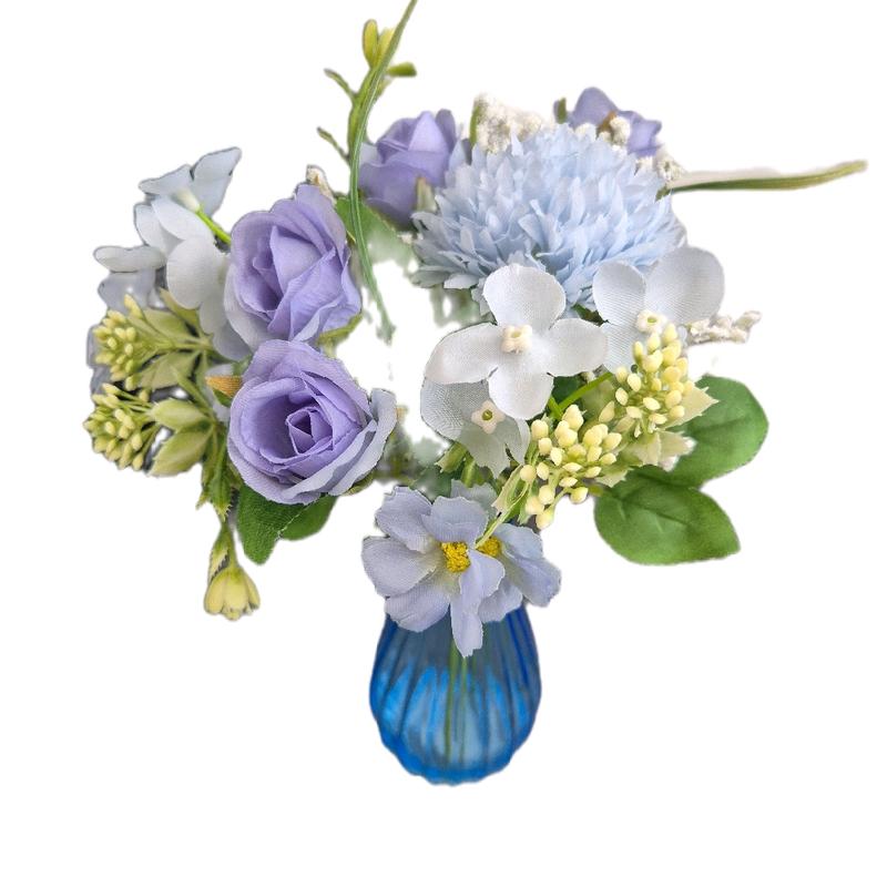Mini Blue and Lilac Faux Flowers Artificial Ornaments in Vase - Decorative Home Gift - Plants bud vases 6